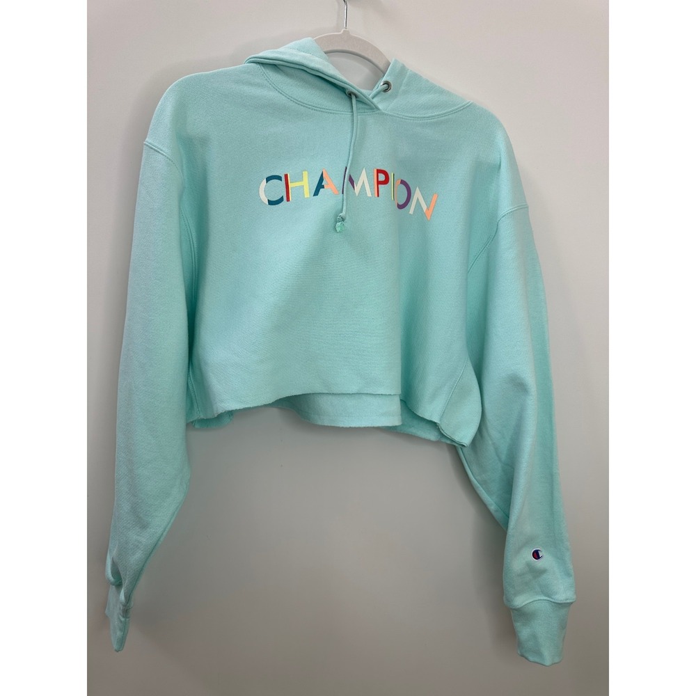 NWT Champion Reverse Weave Cropped Cut Off Hoodie Sweatshirt Blue M Oversized - Picture 9 of 12
